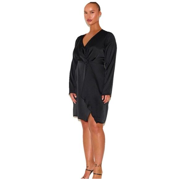 Pretty Little Thing Black Satin Long Sleeve Wrap Babydoll Dress Size XL V-Neck - Picture 1 of 12